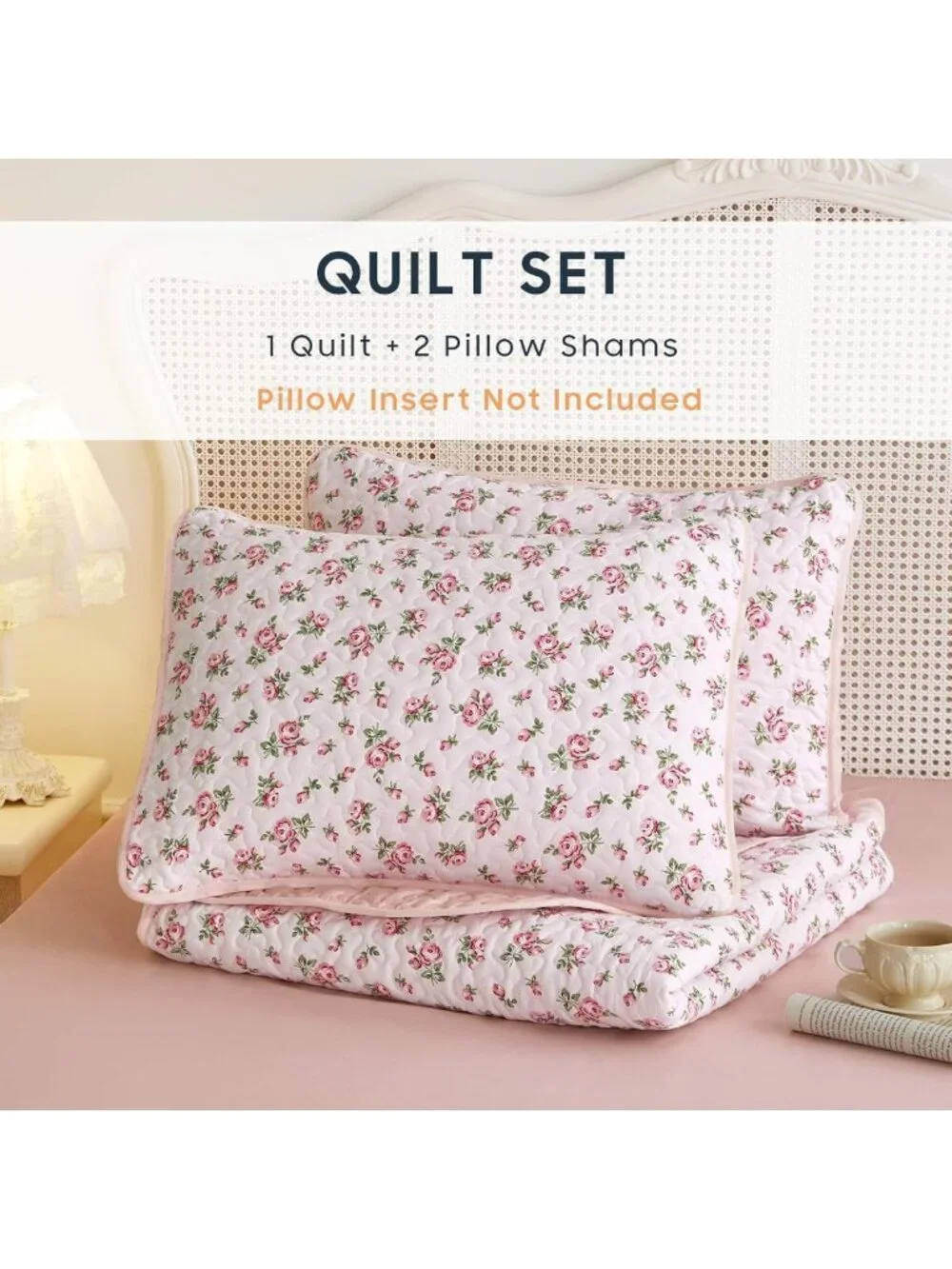 Floral Quilt Set - Cottagecore Shabby Chic Reversible Bedspread, Pink King Size